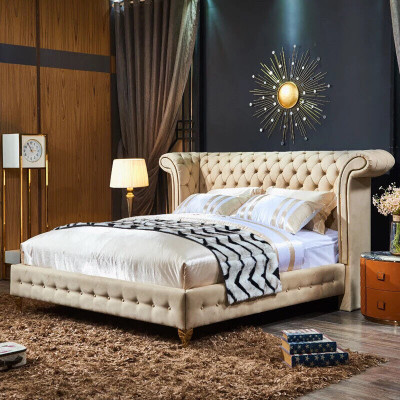 Klassieke slaapkamer bed Beige textiel lederen bekleding Tweepersoonsbed 180x200cm