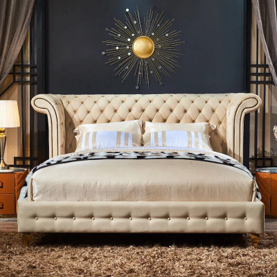 Klassieke slaapkamer bed Beige textiel lederen bekleding Tweepersoonsbed 180x200cm
