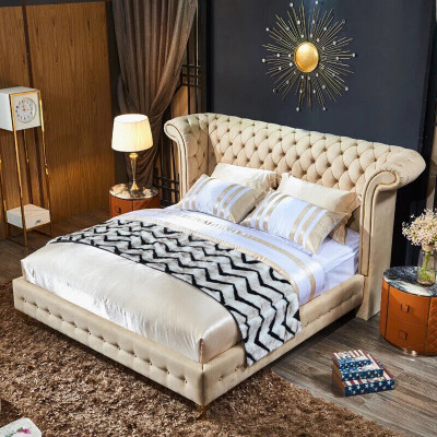 Klassieke slaapkamer bed Beige textiel lederen bekleding Tweepersoonsbed 180x200cm