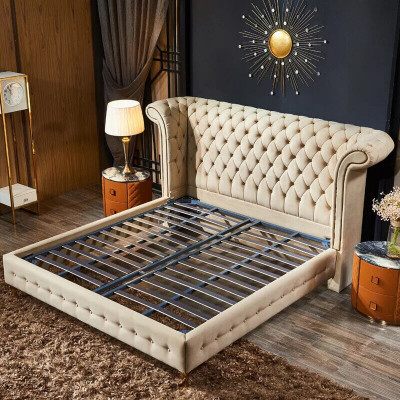 Klassieke slaapkamer bed Beige textiel lederen bekleding Tweepersoonsbed 180x200cm