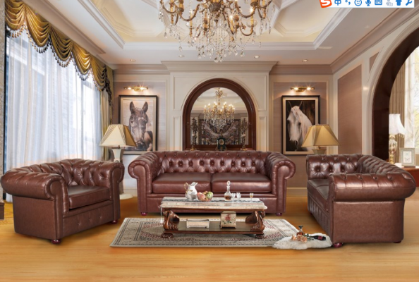 Klassieke bruine leren Chesterfield bankstel met gestoffeerde zitting 3-zits.