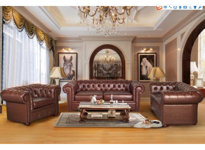 Klassieke bruine leren Chesterfield bankstel met gestoffeerde zitting 3-zits.