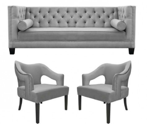 Zilveren fluwelen set bankstel 3-delige set bankstel zitkussen Chesterfield.