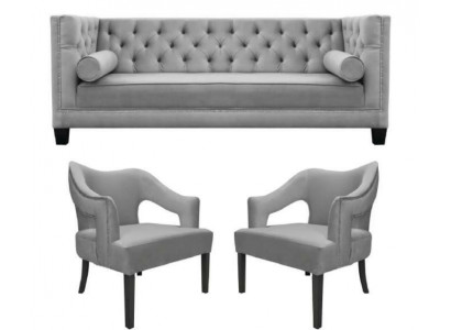 Zilveren fluwelen set bankstel 3-delige set bankstel zitkussen Chesterfield.