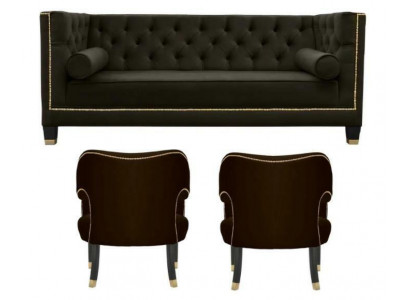 Chesterfield Fauteuil Zwarte xxl Big Textiel Stof Bank Meubelen Bekleding Set