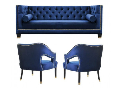 Luxe blauwe Chesterfield bankstel Fauteuil + Driezitsbank 3+1+1 Set