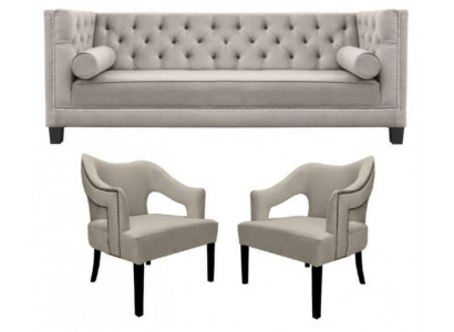 Beige Chesterfield bankstel Gestoffeerd Zitgroep Set van 3 stuks