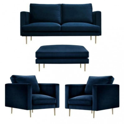 Bank Groep zitstoel Poef Meubels Textiel Stof Blauw Tweezits Woonkamer nieuw
