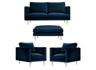 Bank Groep zitstoel Poef Meubels Textiel Stof Blauw Tweezits Woonkamer nieuw
