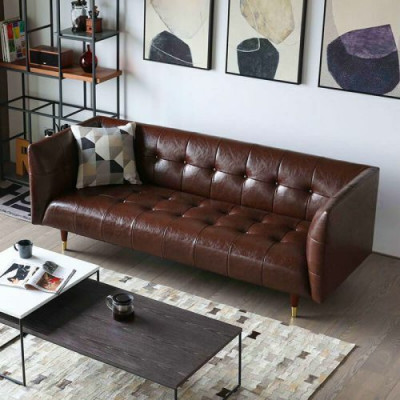 Bruine Chesterfield Luxe 3-zits Leren Woonkamerbank