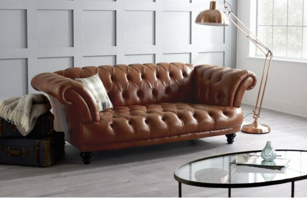 Bruin lederen Chesterfield bank bank stof bankstel 3 zits Nieuw