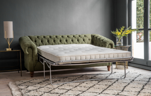 Groene gestoffeerde Chesterfield driezits Designer Luxe 3-zitsbank