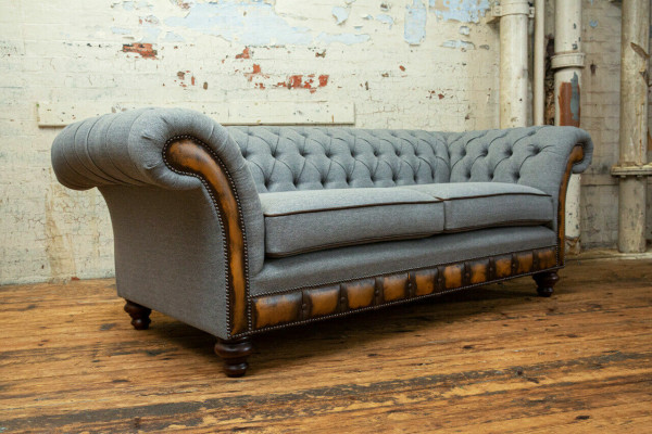 Grijze Chesterfield stoffen bank bank bank bank sofa zitten banken textiel nieuw bekleden