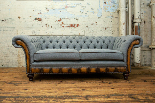 Grijze Chesterfield stoffen bank bank bank bank sofa zitten banken textiel nieuw bekleden