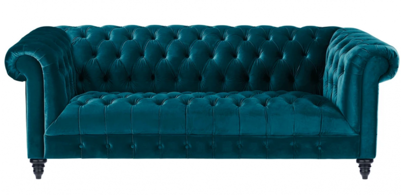 Chesterfield Turquoise Velvet Bank Luxe Upholstered Furniture Bank with Buttons Three-seater