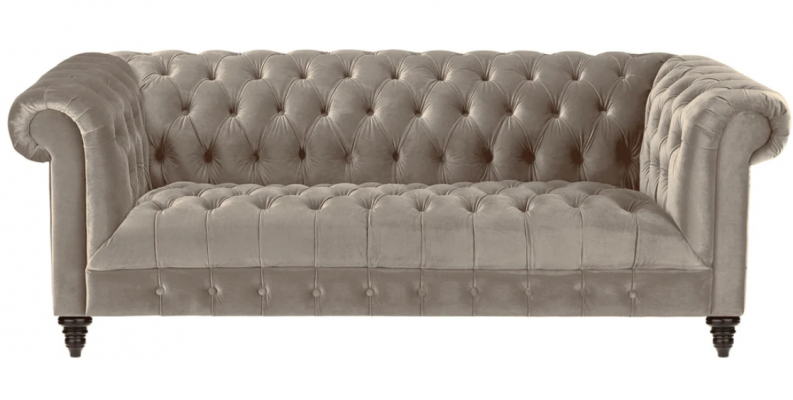 Beige fluwelen bank Luxe gestoffeerde Chesterfield meubels Bank met knopen voor drie personen.