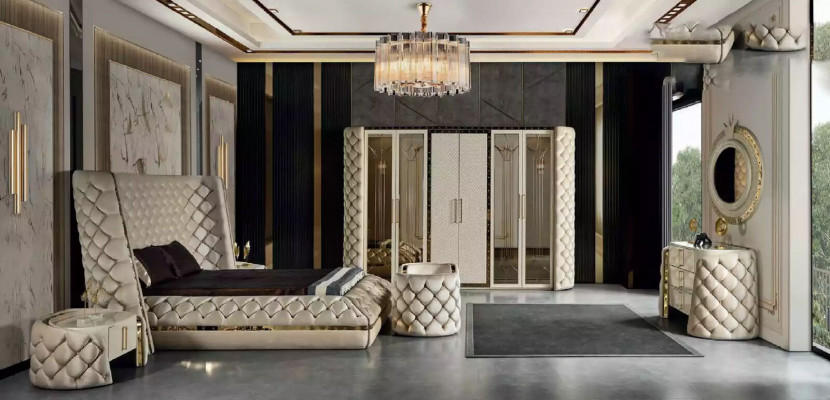 Slaapkamer Set Chesterfield Meubel Ontwerp Bed Kledingkast Spiegel 7-delig.