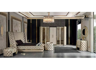 Slaapkamer Set Chesterfield Meubel Ontwerp Bed Kledingkast Spiegel 7-delig.