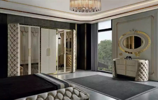 Slaapkamer Set Chesterfield Meubel Ontwerp Bed Kledingkast Spiegel 7-delig.