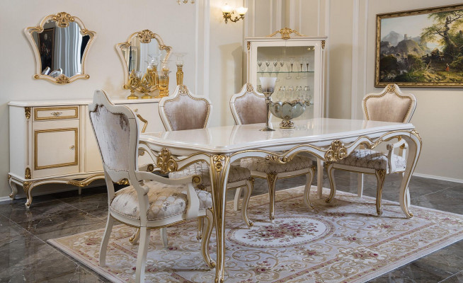 Klassieke eetkamer eettafel vitrine 4x stoel eetgroep commodes 7-delig.