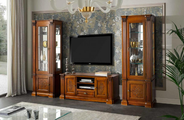 Klassieke woonkamer vitrinekast TV-kastje wandkast 3-delige massief houten set