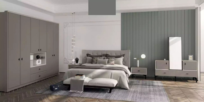 Ladenkast met spiegel voor slaapkamer, grijs, stijlvol modern ontwerp.