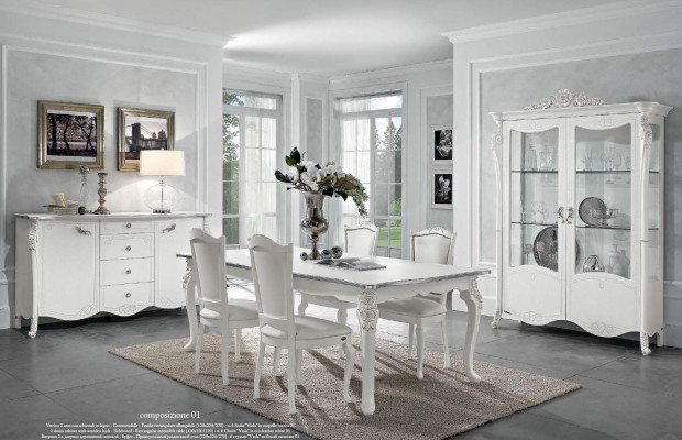 Eetkamer set eettafel 4x stoelen dressoir vitrinekast groep garnituur wit nieuw 7-delig.