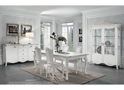 Eetkamer set eettafel 4x stoelen dressoir vitrinekast groep garnituur wit nieuw 7-delig.