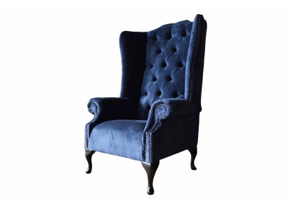 Chesterfield design fauteuil bekleding luxe blauw textiel bank oorfauteuil