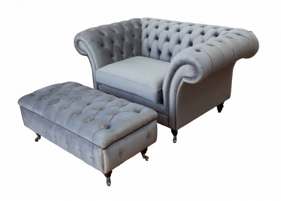 Chesterfield oorfauteuil voetenbank fauteuil bank gestoffeerde set grijs textiel