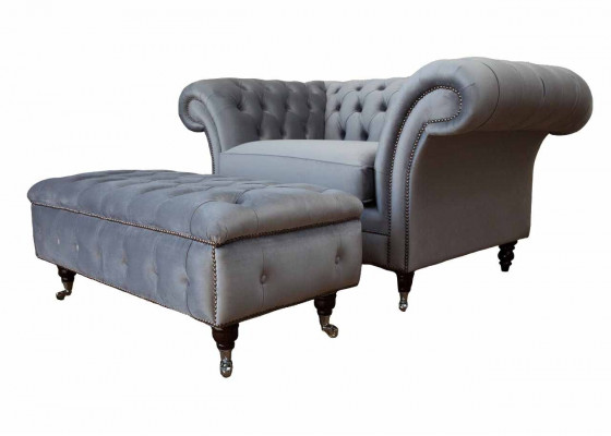 Chesterfield oorfauteuil voetenbank fauteuil bank gestoffeerde set grijs textiel