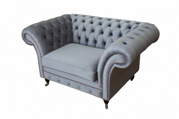 Chesterfield oorfauteuil voetenbank fauteuil bank gestoffeerde set grijs textiel