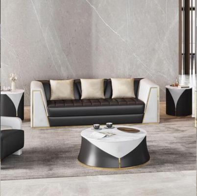 Woonkamer 4-delige bankstel 3+2+1 zits stoelen met lederen bekleding salontafel