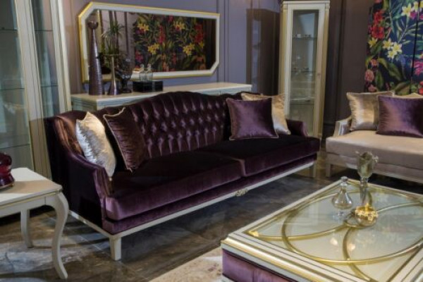 Lila Chesterfield barok meubels driezitsbank stof bank nieuw