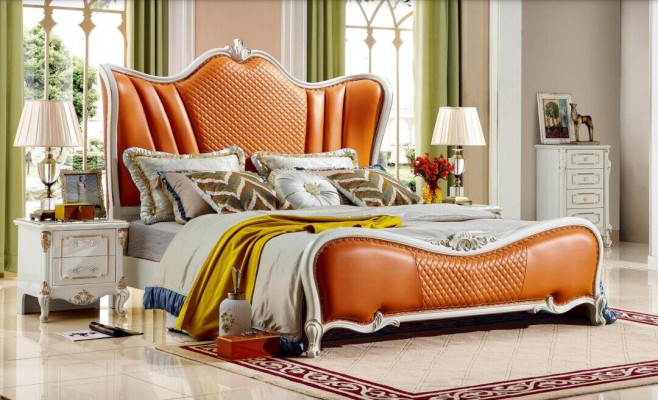 Bed Klassieke slaapkamer Chesterfield Oranje 2x nachtkastje 3-delige hout