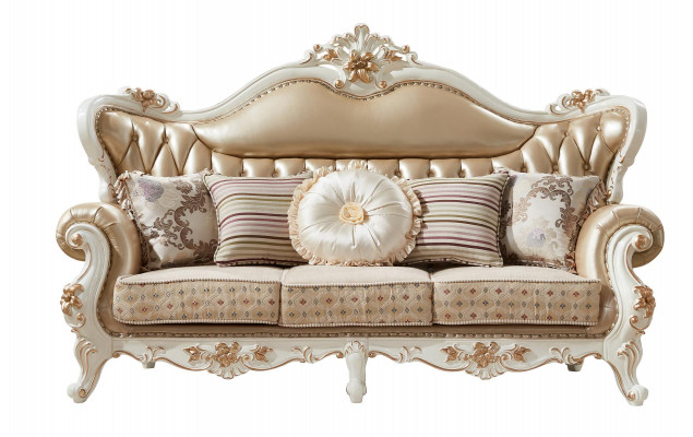 Bankstel 3-zitter Beige Luxe Leer Woonkamer Klassieke Elegante Bankstel