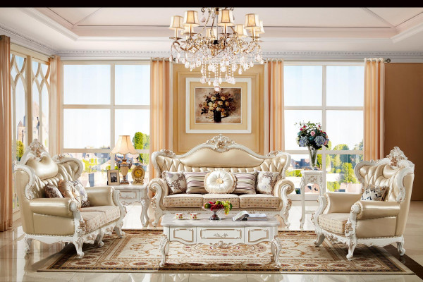 Bankstel 3-zitter Beige Luxe Leer Woonkamer Klassieke Elegante Bankstel