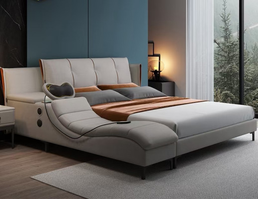 Multifunctioneel luxe ontwerp dubbel lederen bed gestoffeerd bed hotel geluid nieuw