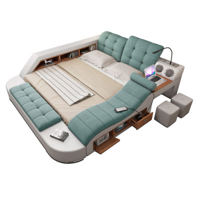 Bed Twee Persoons Lederen Gestoffeerde Bedden Multifunctioneel met Massagefunctie Nieuw
