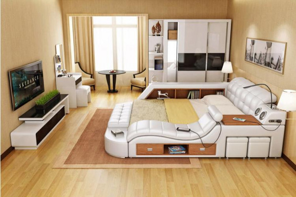 Bed Twee Persoons Lederen Gestoffeerde Bedden Multifunctioneel met Massagefunctie Nieuw