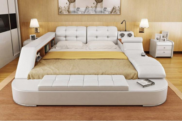 Bed Twee Persoons Lederen Gestoffeerde Bedden Multifunctioneel met Massagefunctie Nieuw