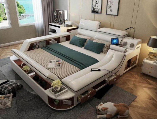 Bedden Hotel 180x200 cm Multifunctionele plank USB Design Bed xxl Big Leer