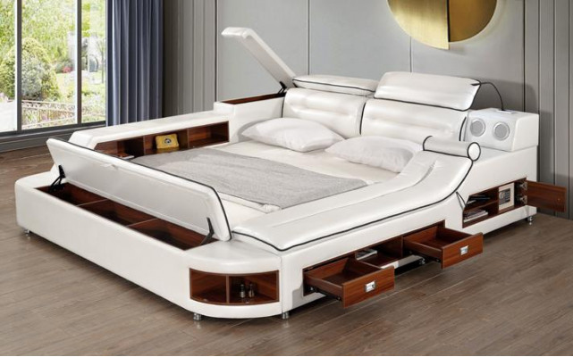 Bedden Hotel 180x200 cm Multifunctionele plank USB Design Bed xxl Big Leer