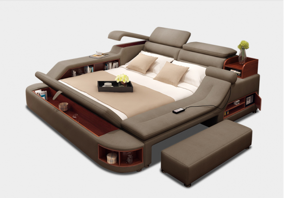 Modern Hotel Multifunction USB Sound Double Design Leather Bed Upholstery