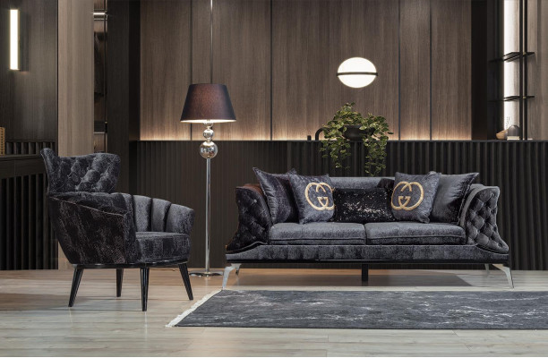 Zwarte bankstel sofa set 3+1 zit Chesterfield woonkamer gestoffeerd