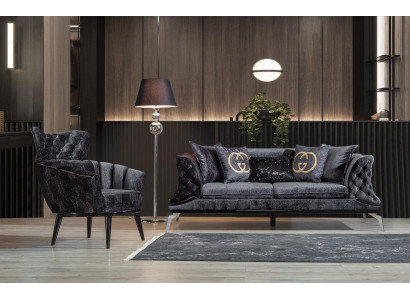 Zwarte bankstel sofa set 3+1 zit Chesterfield woonkamer gestoffeerd