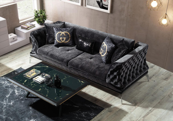 Zwarte bankstel sofa set 3+1 zit Chesterfield woonkamer gestoffeerd
