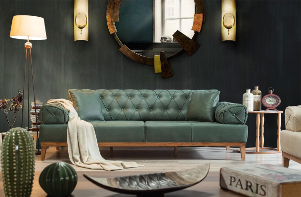 Chesterfield bank 3-zits bank bankstel Groen Nieuw Textiel Hout 220cm