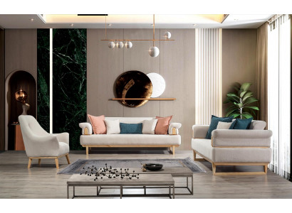 Moderne bankstelset van 3+3+1-zitsbanken met houten frame en textielbekleding.