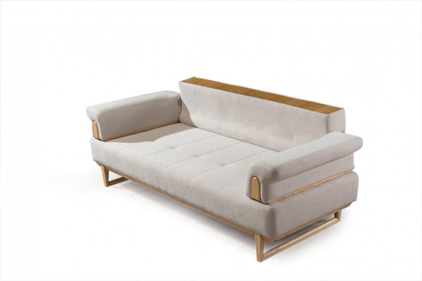 Moderne bankstelset van 3+3+1-zitsbanken met houten frame en textielbekleding.